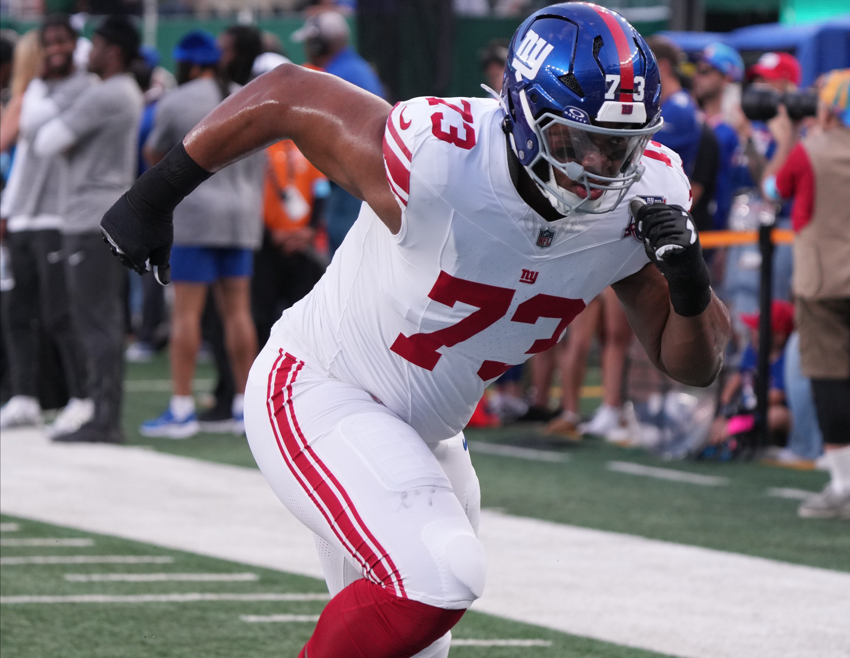 East Rutherford, NJ -- August 24, 2024 -- Evan Neal of the Giants before the game. The New York Giants and New York Jets meet at MetLife Stadium in the final preseason game of the 2024 season for both teams.