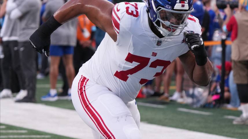 East Rutherford, NJ -- August 24, 2024 -- Evan Neal of the Giants before the game. The New York Giants and New York Jets meet at MetLife Stadium in the final preseason game of the 2024 season for both teams.