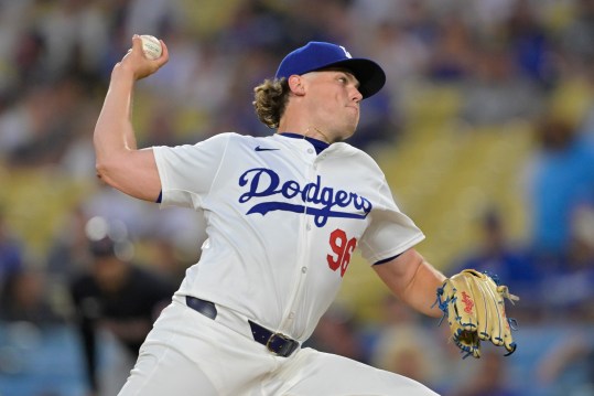 Sep 6, 2024; Los Angeles, California, USA;  Los Angeles Dodgers starting pitcher Landon Knack (96) delivers to the plate in the first inning against the Cleveland Guardians at Dodger Stadium. Mandatory Credit: Jayne Kamin-Oncea-Imagn Images