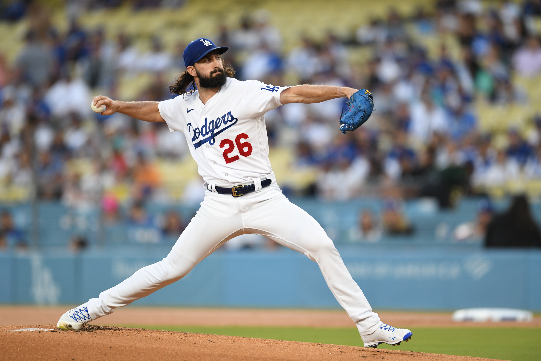 Aug 18, 2023; Los Angeles, California, USA; Los Angeles Dodgers starting pitcher Tony Gonsolin (26) throws a pitch against the Miami Marlins during the first inning at Dodger Stadium. Mandatory Credit: Jonathan Hui-Imagn Images