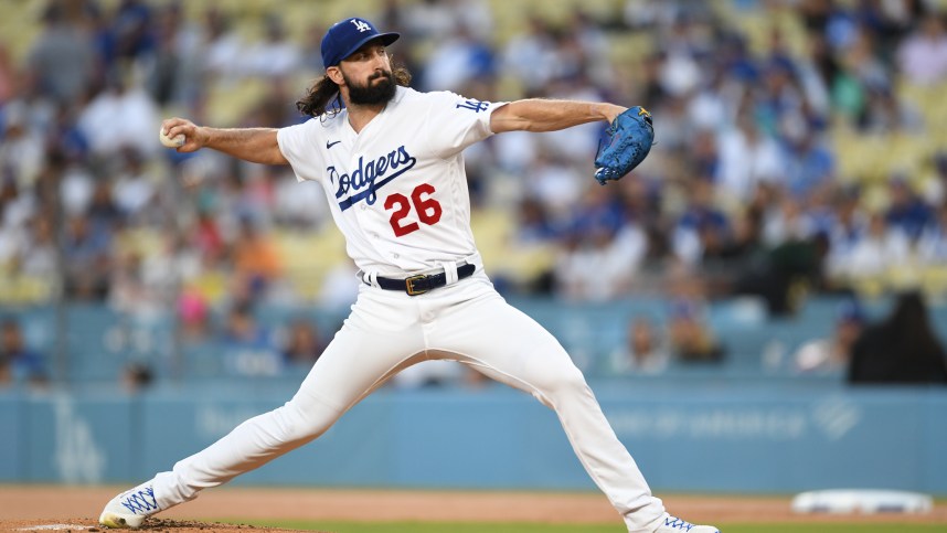 Aug 18, 2023; Los Angeles, California, USA; Los Angeles Dodgers starting pitcher Tony Gonsolin (26) throws a pitch against the Miami Marlins during the first inning at Dodger Stadium. Mandatory Credit: Jonathan Hui-Imagn Images