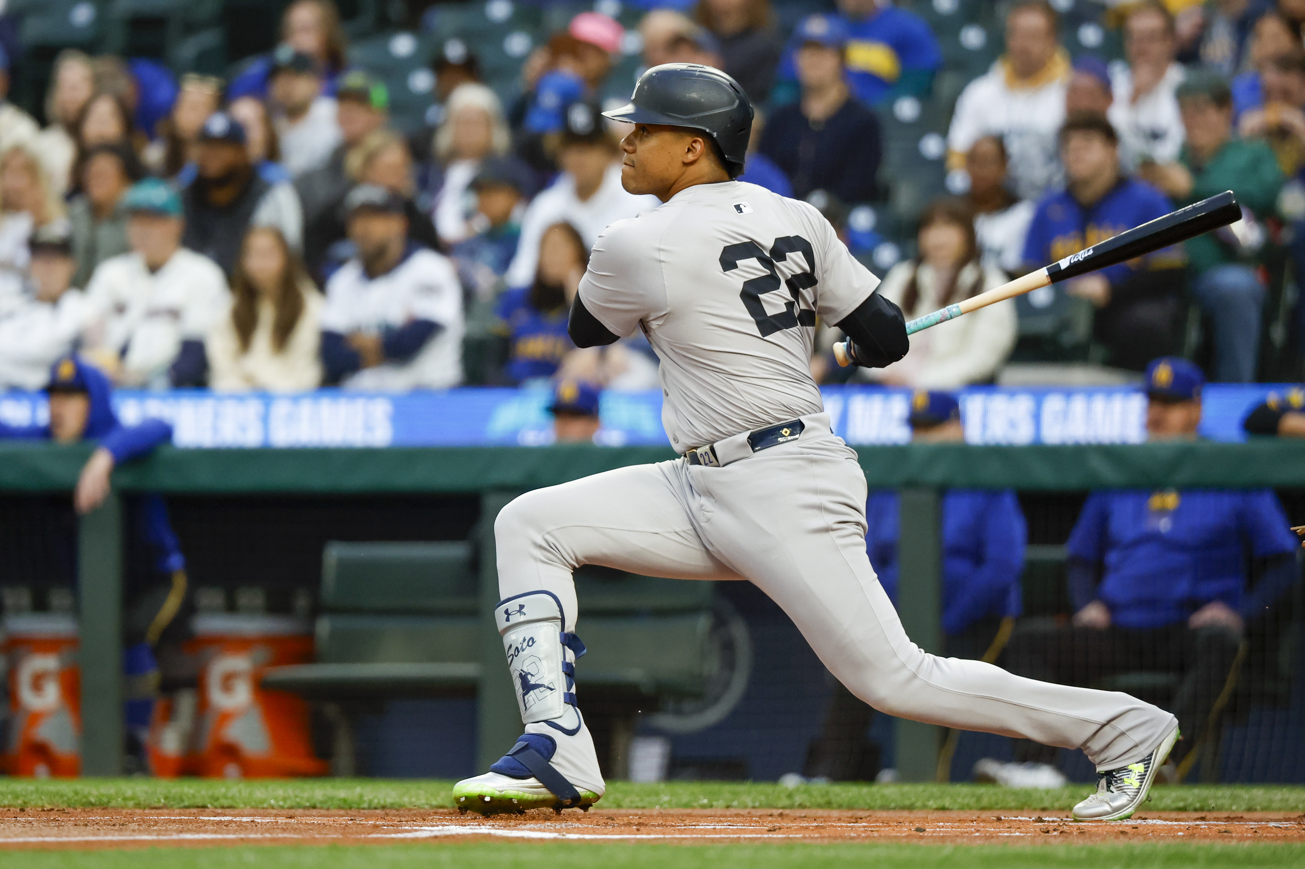 Sep 17, 2024; Seattle, Washington, USA; New York Yankees right fielder Juan Soto (22) hits a double against the Seattle Mariners during the first inning at T-Mobile Park. Mandatory Credit: Joe Nicholson-Imagn Images