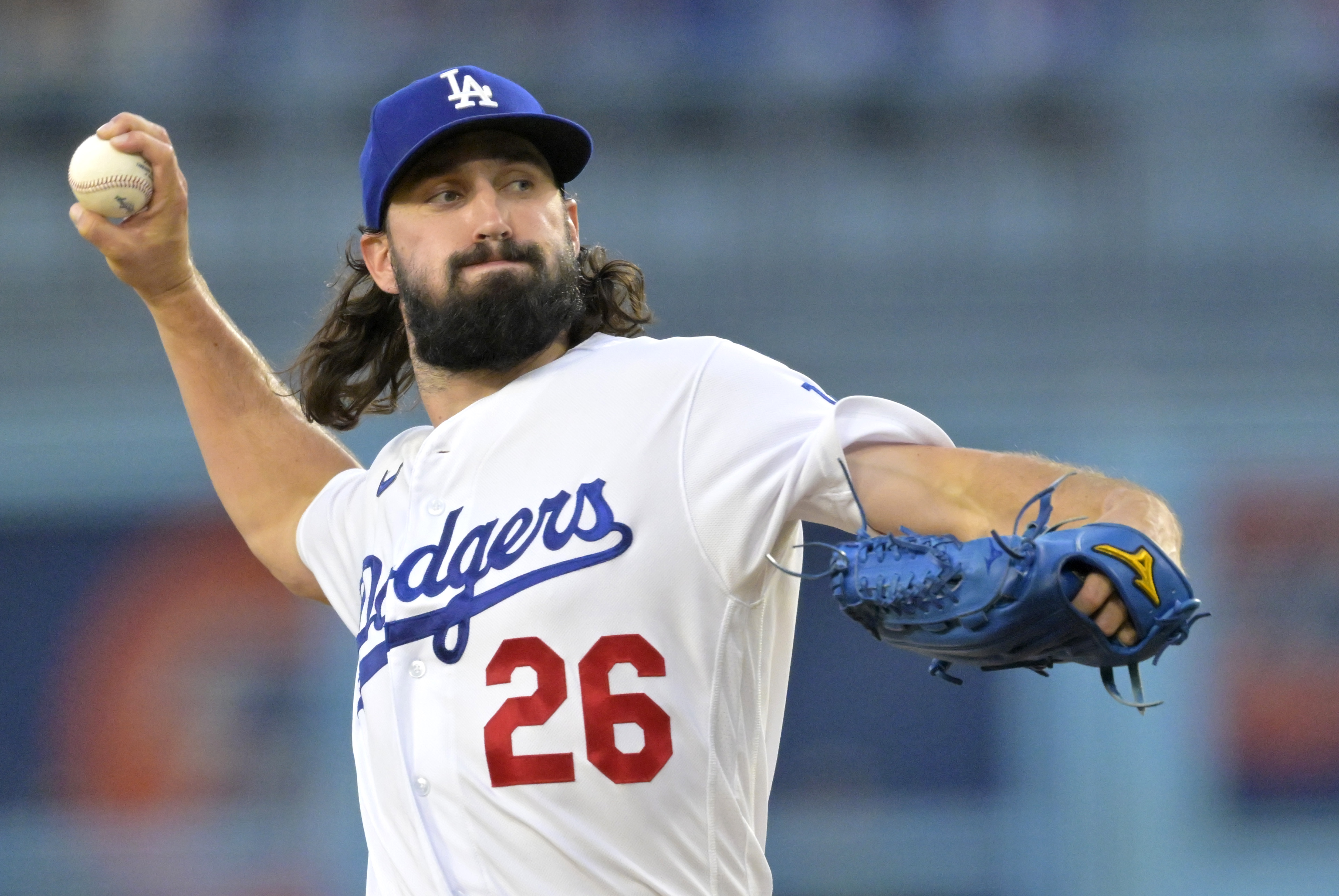 Aug 2, 2023; Los Angeles, California, USA;  Los Angeles Dodgers starting pitcher Tony Gonsolin (26) throws to the plate in the second inning against the Oakland Athletics at Dodger Stadium. Mandatory Credit: Jayne Kamin-Oncea-Imagn Images