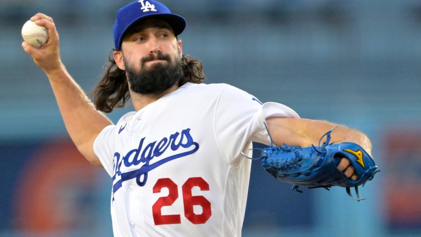 Aug 2, 2023; Los Angeles, California, USA;  Los Angeles Dodgers starting pitcher Tony Gonsolin (26) throws to the plate in the second inning against the Oakland Athletics at Dodger Stadium. Mandatory Credit: Jayne Kamin-Oncea-Imagn Images