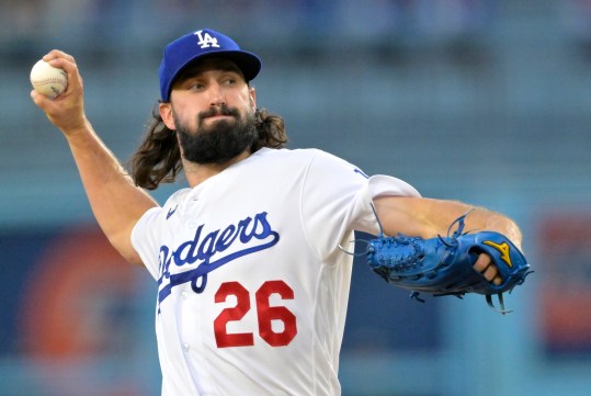 Aug 2, 2023; Los Angeles, California, USA;  Los Angeles Dodgers starting pitcher Tony Gonsolin (26) throws to the plate in the second inning against the Oakland Athletics at Dodger Stadium. Mandatory Credit: Jayne Kamin-Oncea-Imagn Images