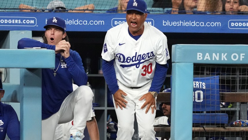 Aug 20, 2024; Los Angeles, California, USA; Los Angeles Dodgers manager Dave Roberts (30) reacts during the game against the Seattle Mariners at Dodger Stadium. Mandatory Credit: Kirby Lee-Imagn Images