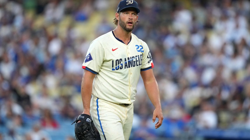 Aug 24, 2024; Los Angeles, California, USA; Los Angeles Dodgers starting pitcher Clayton Kershaw (22) reacts at the end of the fourth inning against the Tampa Bay Rays at Dodger Stadium. Mandatory Credit: Kirby Lee-Imagn Images