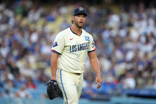 Aug 24, 2024; Los Angeles, California, USA; Los Angeles Dodgers starting pitcher Clayton Kershaw (22) reacts at the end of the fourth inning against the Tampa Bay Rays at Dodger Stadium. Mandatory Credit: Kirby Lee-Imagn Images