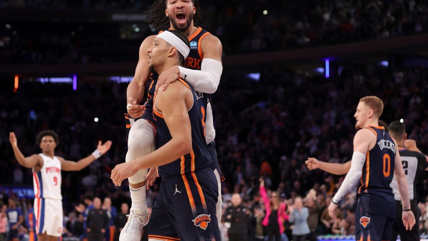 Feb 26, 2024; New York, New York, USA; New York Knicks guard Jalen Brunson (11) celebrates with guard Josh Hart (3) during the fourth quarter against the Detroit Pistons at Madison Square Garden. Mandatory Credit: Brad Penner-Imagn Images