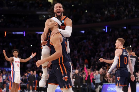 Feb 26, 2024; New York, New York, USA; New York Knicks guard Jalen Brunson (11) celebrates with guard Josh Hart (3) during the fourth quarter against the Detroit Pistons at Madison Square Garden. Mandatory Credit: Brad Penner-Imagn Images