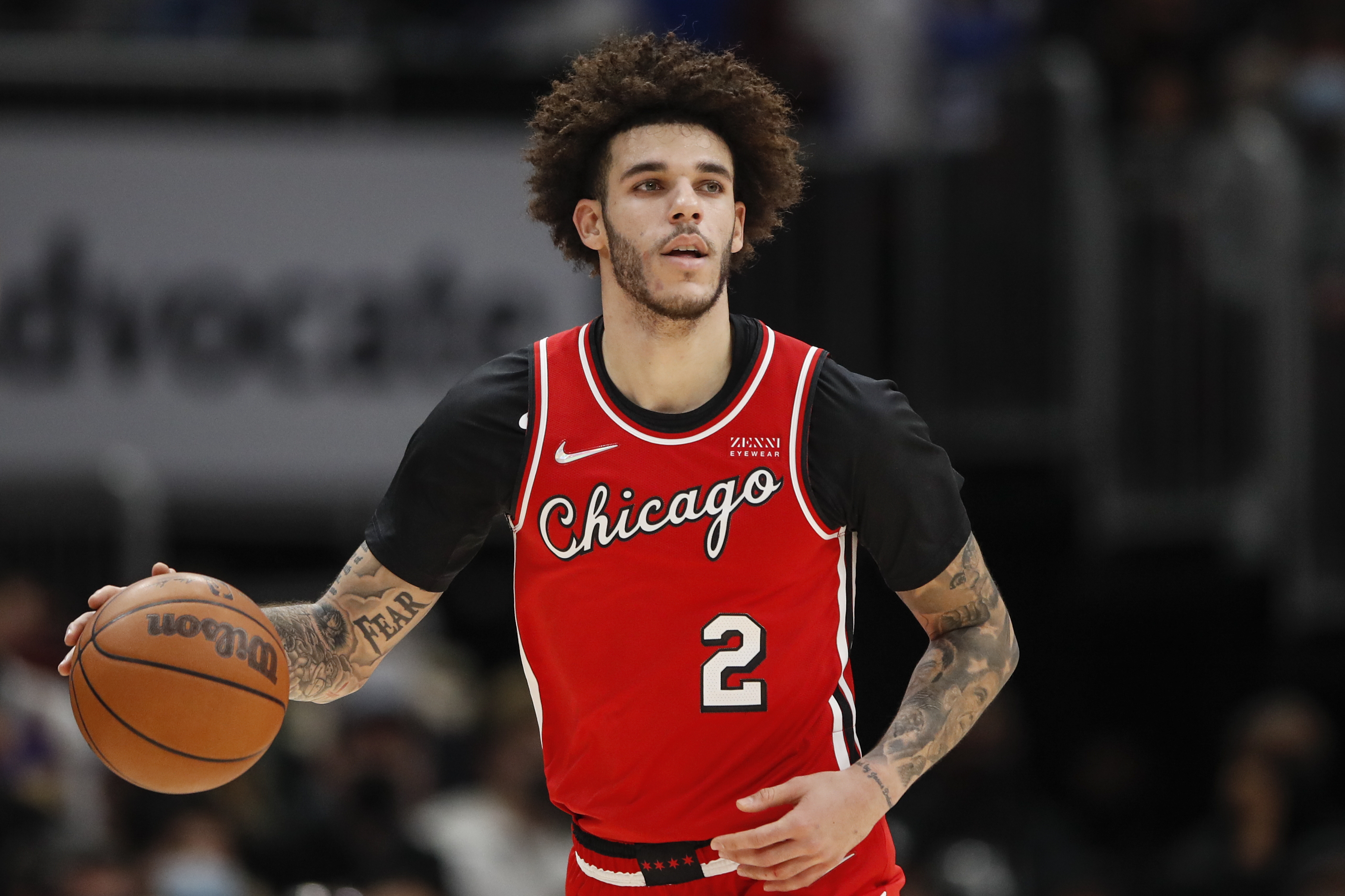 Dec 19, 2021; Chicago, Illinois, USA; Chicago Bulls guard Lonzo Ball (2) brings the ball up court against the Los Angeles Lakers during the first half at United Center. Mandatory Credit: Kamil Krzaczynski-Imagn Images