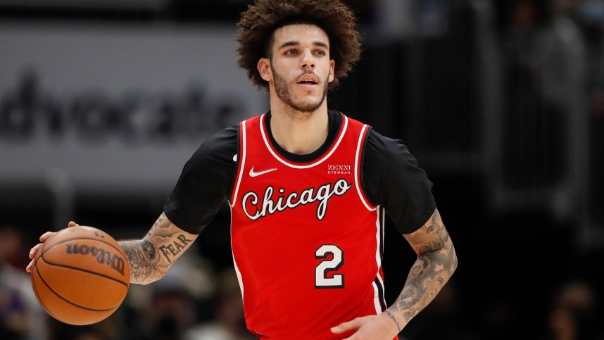 Dec 19, 2021; Chicago, Illinois, USA; Chicago Bulls guard Lonzo Ball (2) brings the ball up court against the Los Angeles Lakers during the first half at United Center. Mandatory Credit: Kamil Krzaczynski-Imagn Images