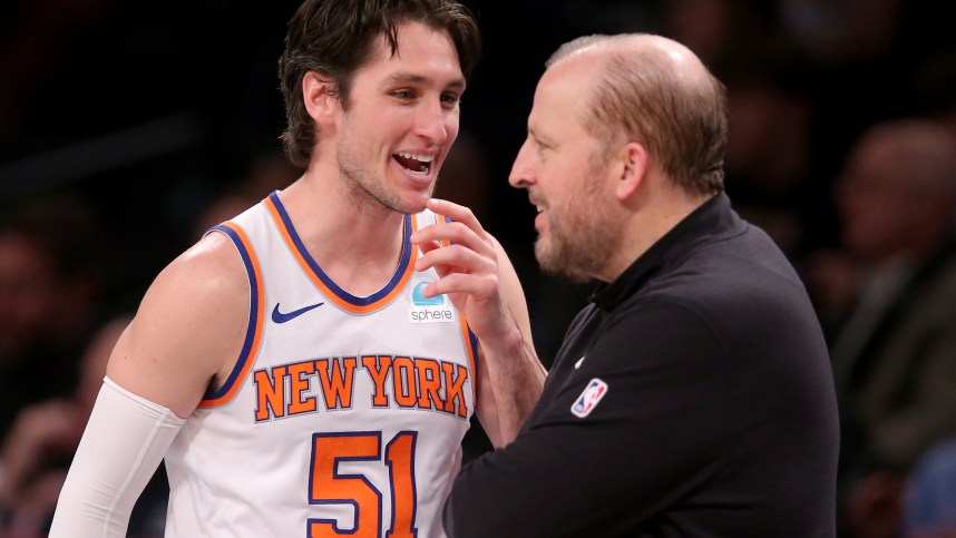 Dec 20, 2023; Brooklyn, New York, USA; New York Knicks guard Ryan Arcidiacono (51) talks to head coach Tom Thibodeau during the fourth quarter against the Brooklyn Nets at Barclays Center. Mandatory Credit: Brad Penner-Imagn Images