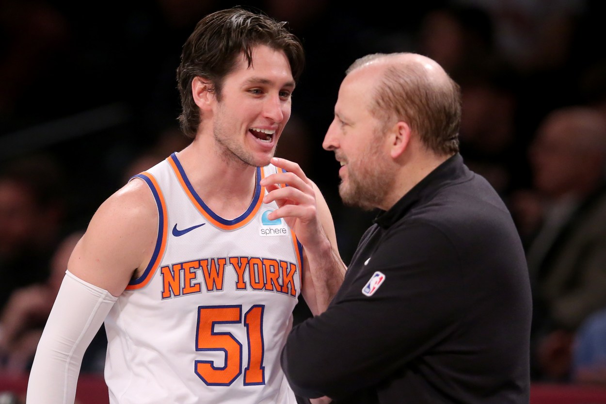 Dec 20, 2023; Brooklyn, New York, USA; New York Knicks guard Ryan Arcidiacono (51) talks to head coach Tom Thibodeau during the fourth quarter against the Brooklyn Nets at Barclays Center. Mandatory Credit: Brad Penner-Imagn Images