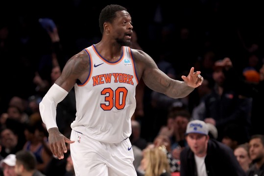 January 23, 2024; Brooklyn, New York, USA; New York Knicks forward Julius Randle (30) celebrates his three-point shot against the Brooklyn Nets in the fourth quarter at Barclays Center. Mandatory attribution: Brad Penner-Imagn Images