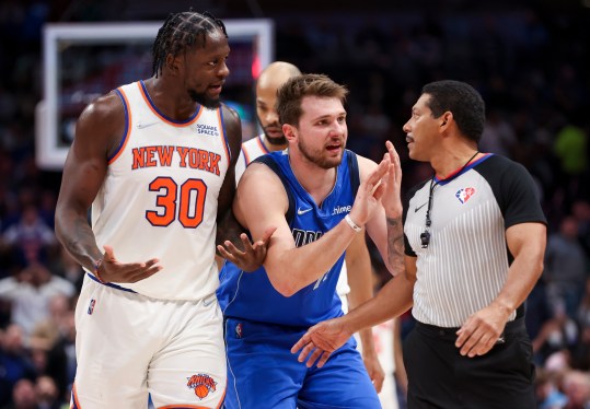 Mar 9, 2022; Dallas, Texas, USA;  New York Knicks forward Julius Randle (30) and Dallas Mavericks guard Luka Doncic (77) react during the second half  at American Airlines Center. Mandatory Credit: Kevin Jairaj-Imagn Images