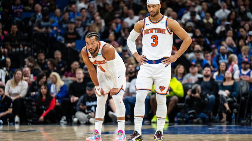 Feb 14, 2024; Orlando, Florida, USA; New York Knicks guard Jalen Brunson (11) and guard Josh Hart (3) wait for the ball against the Orlando Magic in the second quarter at KIA Center. Mandatory Credit: Jeremy Reper-Imagn Images