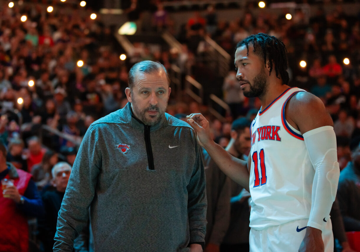 Nov 20, 2022; Phoenix, Arizona, USA; New York Knicks head coach Tom Thibodeau with guard Jalen Brunson (11) against the Phoenix Suns at Footprint Center. Mandatory Credit: Mark J. Rebilas-Imagn Images