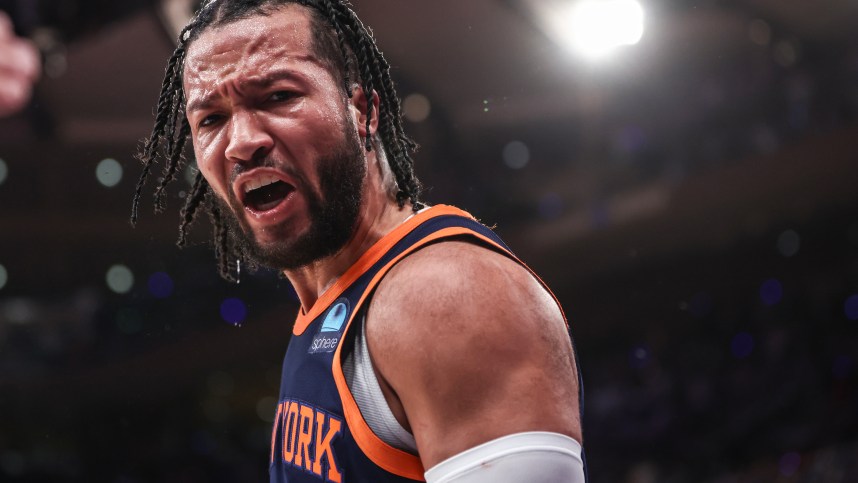 May 8, 2024; New York, New York, USA; New York Knicks guard Jalen Brunson (11) celebrates in the fourth quarter  after scoring against the Indiana Pacers during game two of the second round for the 2024 NBA playoffs at Madison Square Garden. Mandatory Credit: Wendell Cruz-Imagn Images