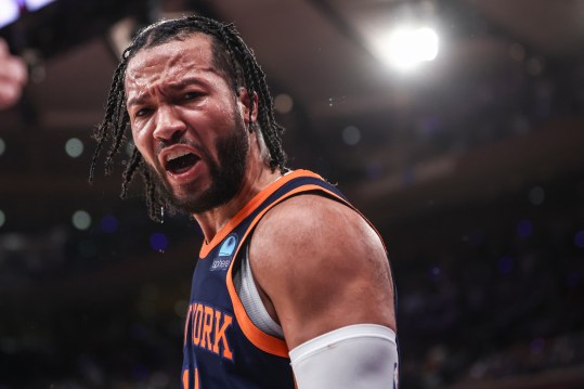 May 8, 2024; New York, New York, USA; New York Knicks guard Jalen Brunson (11) celebrates in the fourth quarter  after scoring against the Indiana Pacers during game two of the second round for the 2024 NBA playoffs at Madison Square Garden. Mandatory Credit: Wendell Cruz-Imagn Images