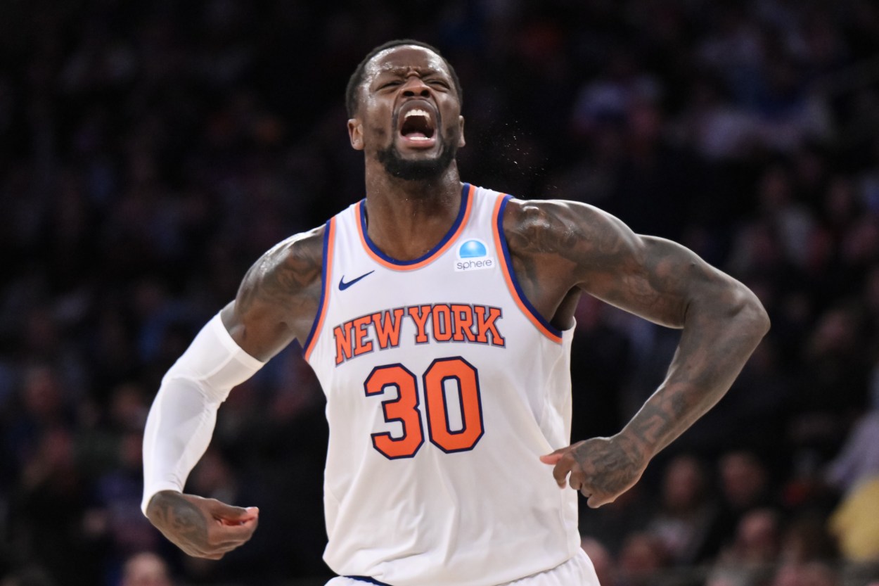 Dec 11, 2023; New York, New York, USA; New York Knicks forward Julius Randle (30) reacts after a dunk against the Toronto Raptors during the fourth quarter at Madison Square Garden. Mandatory Credit: John Jones-Imagn Images