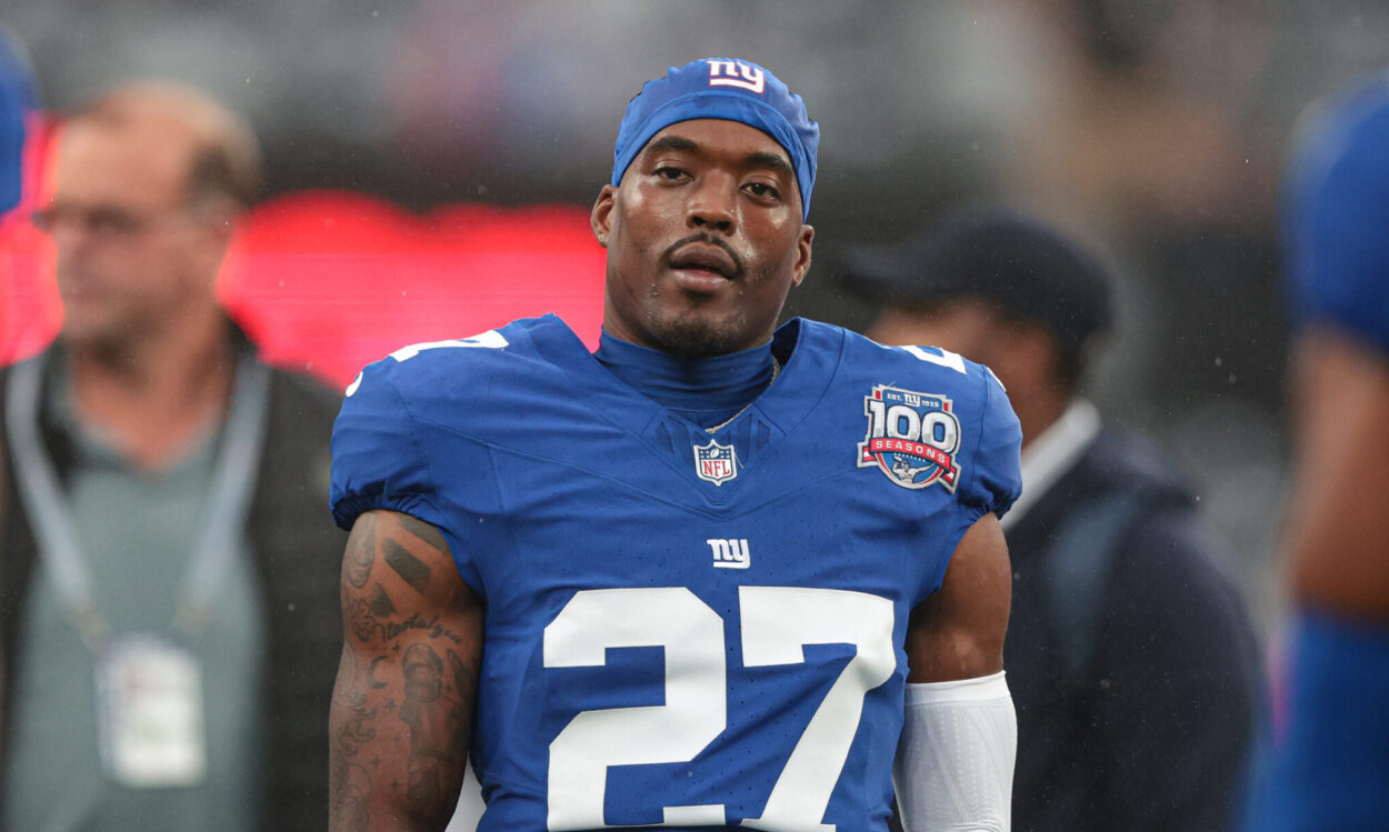 Aug 8, 2024; East Rutherford, New Jersey, USA; New York Giants safety Jason Pinnock (27) looks on before the game against the Detroit Lions at MetLife Stadium. Mandatory Credit: Vincent Carchietta-Imagn Images