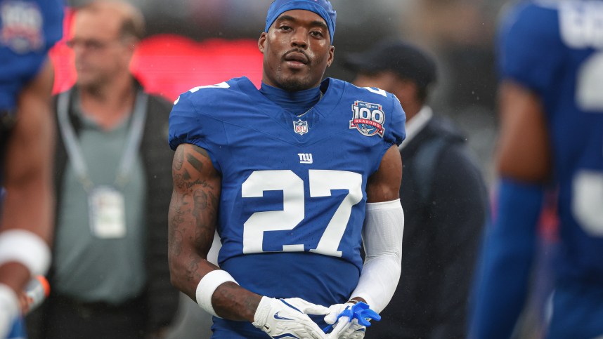 Aug 8, 2024; East Rutherford, New Jersey, USA; New York Giants safety Jason Pinnock (27) looks on before the game against the Detroit Lions at MetLife Stadium. Mandatory Credit: Vincent Carchietta-Imagn Images