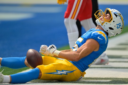 Sep 29, 2024; Inglewood, California, USA;  Los Angeles Chargers wide receiver Ladd McConkey (15) reacts after scoring a touchdown in the first half against the Kansas City Chiefs at SoFi Stadium. Mandatory Credit: Jayne Kamin-Oncea-Imagn Images