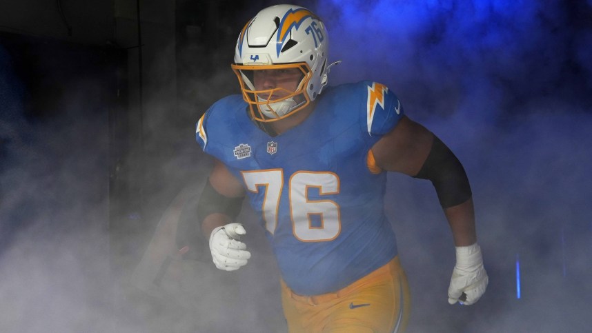 Sep 8, 2024; Inglewood, California, USA; Los Angeles Chargers offensive tackle Joe Alt (76) enters the field before the game against the Las Vegas Raiders at SoFi Stadium. Mandatory Credit: Kirby Lee-Imagn Images