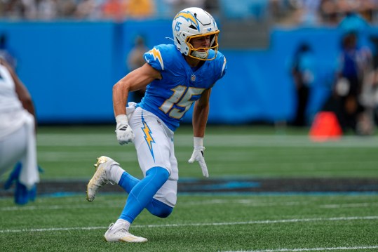 Sep 15, 2024; Charlotte, North Carolina, USA; Los Angeles Chargers wide receiver Ladd McConkey (15) runs his route during the first quarter against the Carolina Panthers at Bank of America Stadium. Mandatory Credit: Jim Dedmon-Imagn Images