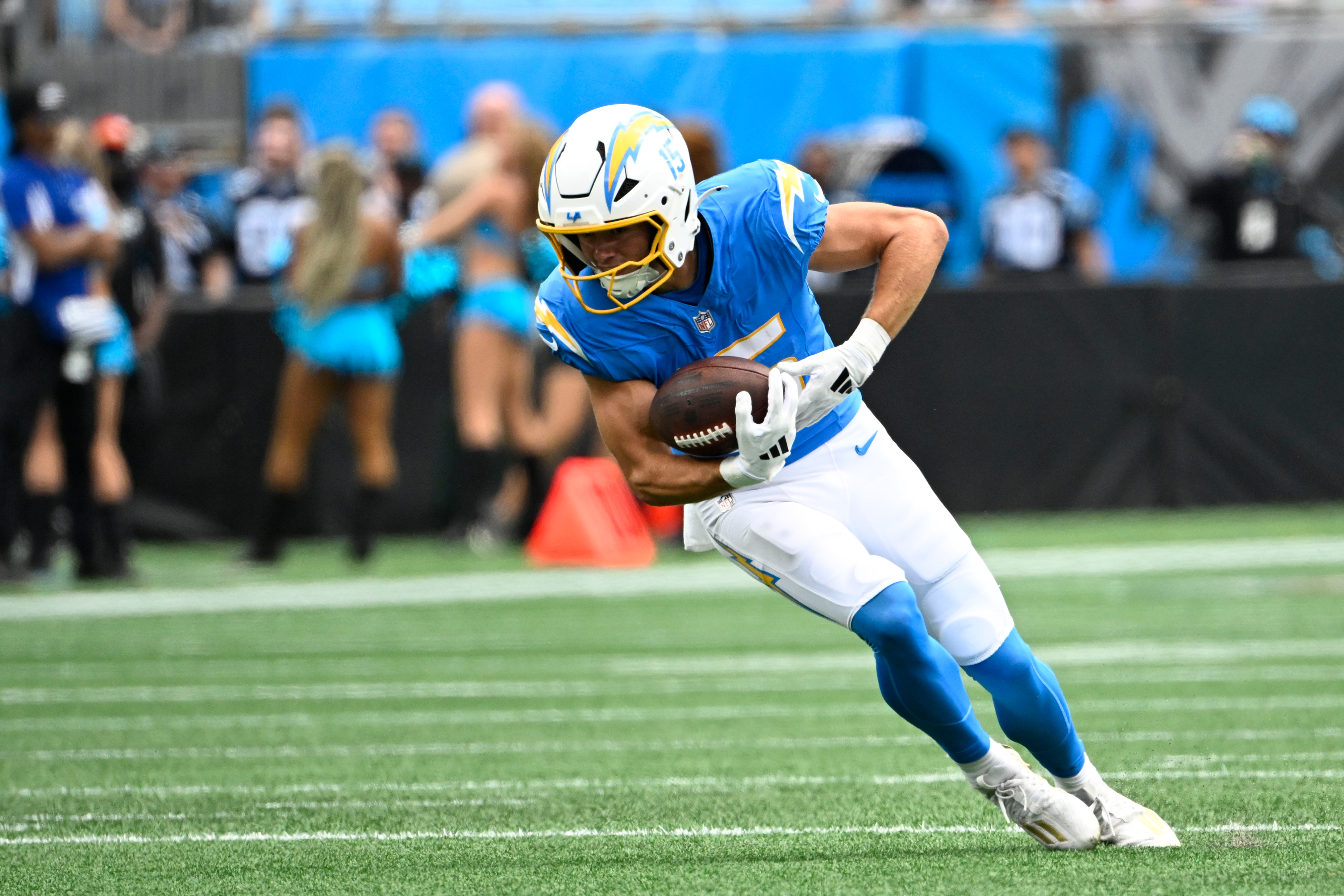 Sep 15, 2024; Charlotte, North Carolina, USA; Los Angeles Chargers wide receiver Ladd McConkey (15) with the ball in the first quarter at Bank of America Stadium. Mandatory Credit: Bob Donnan-Imagn Images