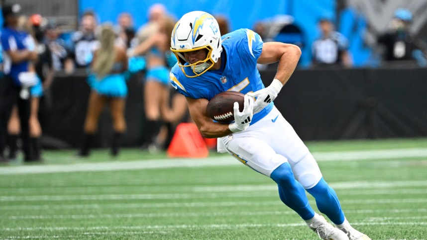 Sep 15, 2024; Charlotte, North Carolina, USA; Los Angeles Chargers wide receiver Ladd McConkey (15) with the ball in the first quarter at Bank of America Stadium. Mandatory Credit: Bob Donnan-Imagn Images