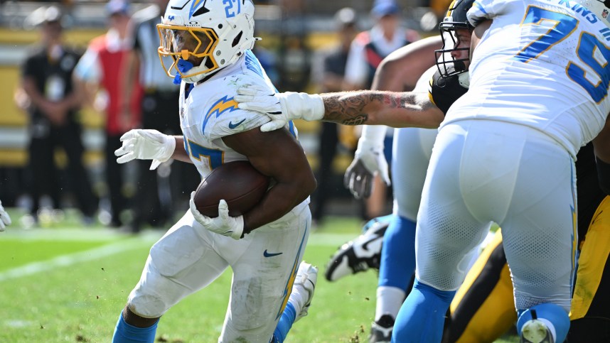 Sep 22, 2024; Pittsburgh, Pennsylvania, USA; Los Angeles Chargers running back J.K. Dobbins (27) gains yardage against the Pittsburgh Steelers during the third quarter at Acrisure Stadium. Mandatory Credit: Barry Reeger-Imagn Images