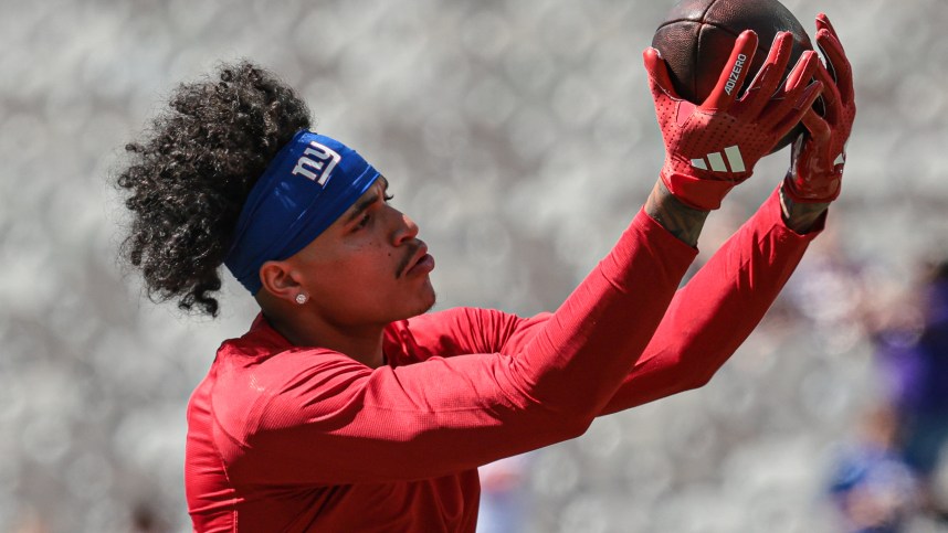 Sep 8, 2024; East Rutherford, New Jersey, USA; New York Giants wide receiver Jalin Hyatt (13) warms up before the game against the Minnesota Vikings at MetLife Stadium. Mandatory Credit: Vincent Carchietta-Imagn Images