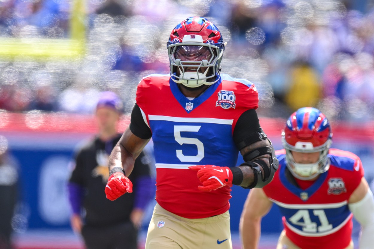 Sep 8, 2024; East Rutherford, New Jersey, USA; New York Giants linebacker Kayvon Thibodeaux (5) warms up before a game against the Minnesota Vikings at MetLife Stadium. Mandatory Credit: John Jones-Imagn Images