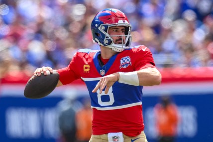 Sep 8, 2024; East Rutherford, New Jersey, USA; New York Giants quarterback Daniel Jones (8) throws a pass against the Minnesota Vikings during the first half at MetLife Stadium. Mandatory Credit: John Jones-Imagn Images