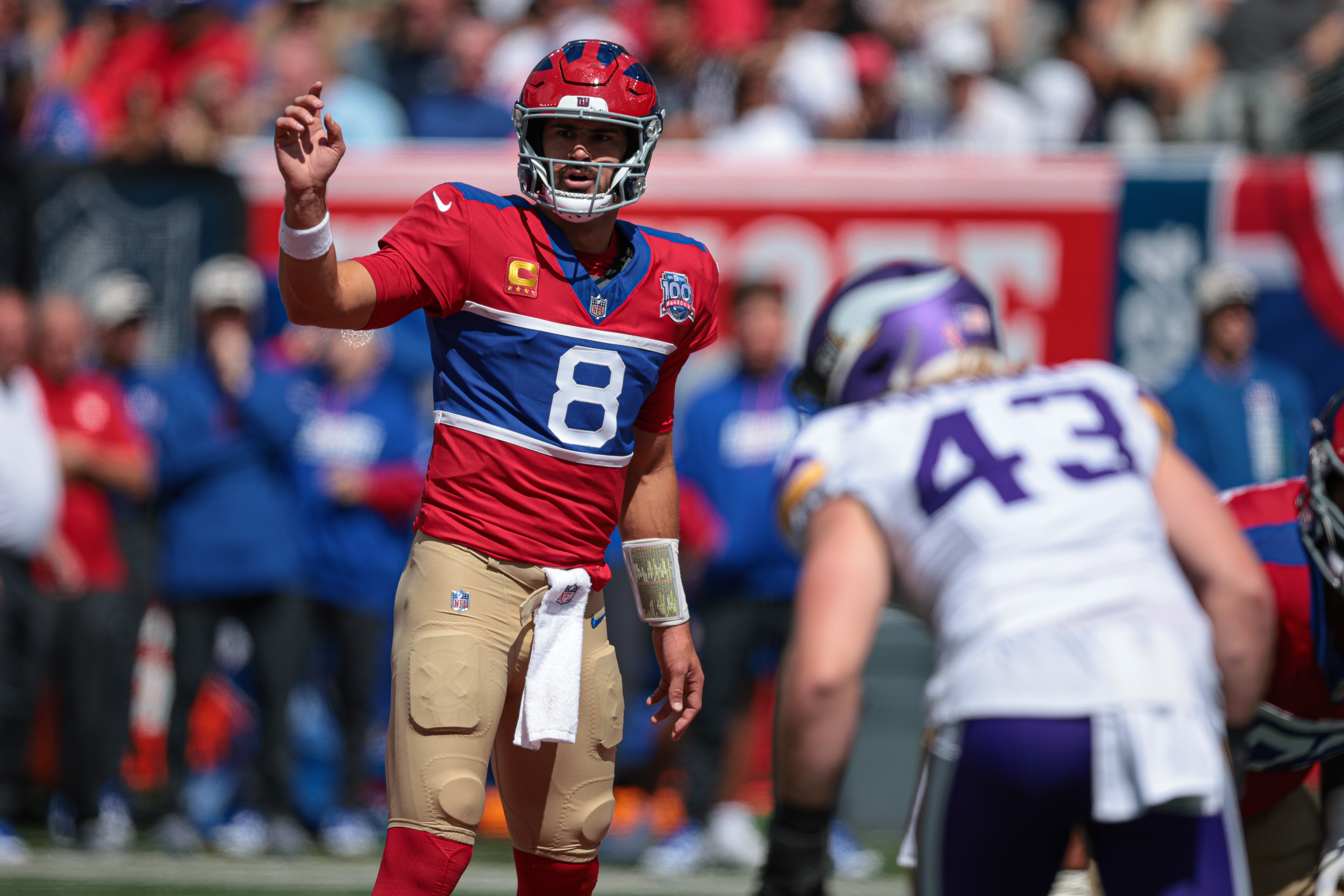 Sep 8, 2024; East Rutherford, New Jersey, USA; New York Giants quarterback Daniel Jones (8) signals during the first half against the Minnesota Vikings at MetLife Stadium. Mandatory Credit: Vincent Carchietta-Imagn Images