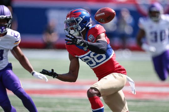 Sep 8, 2024; East Rutherford, New Jersey, USA; New York Giants wide receiver Darius Slayton (86) fumbles a punt during the first half against the Minnesota Vikings at MetLife Stadium. Mandatory Credit: Vincent Carchietta-Imagn Images