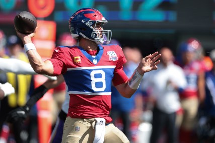 Sep 8, 2024; East Rutherford, New Jersey, USA; New York Giants quarterback Daniel Jones (8) throws the ball during the first half against the Minnesota Vikings at MetLife Stadium. Mandatory Credit: Vincent Carchietta-Imagn Images