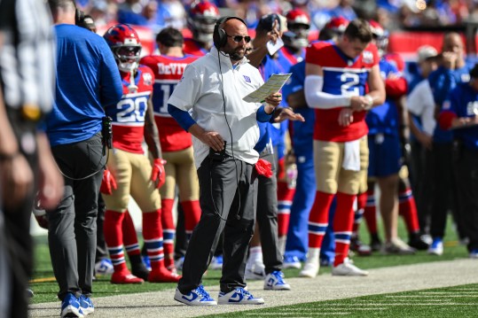 Sep 8, 2024; East Rutherford, New Jersey, USA; New York Giants head coach Brian Dabol looks on during the second half against the Minnesota Vikings at MetLife Stadium. Mandatory Credit: John Jones-Imagn Images