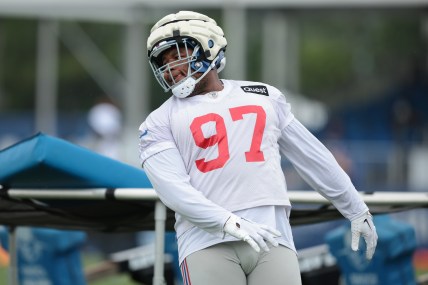 Jul 24, 2024; East Rutherford, NJ, USA; New York Giants defensive tackle Dexter Lawrence II (97) participates in drills during training camp at Quest Diagnostics Training Facility. Mandatory Credit: Vincent Carchietta-Imagn Images