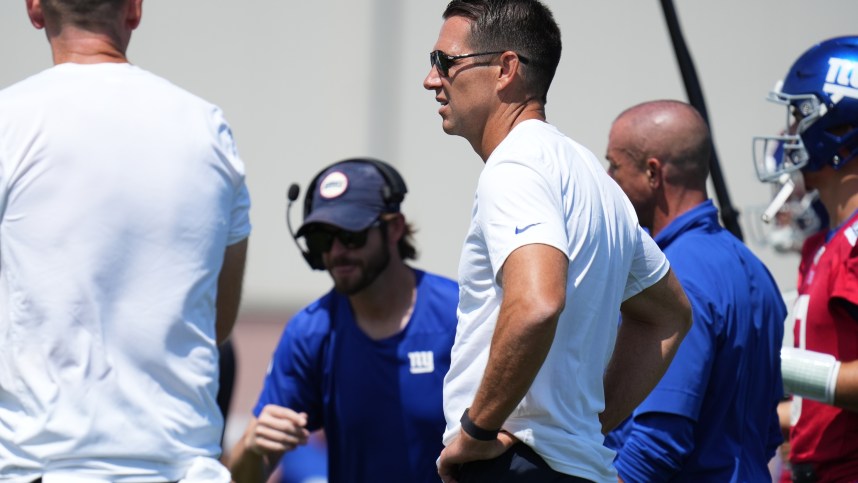 Jul 26, 2024; East Rutherford, NJ, USA; New York Giants general manager Joe Schoen looks on during training camp at Quest Diagnostics Training Center. Mandatory Credit: Lucas Boland-Imagn Images