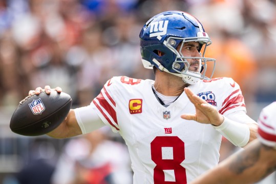 Sep 22, 2024; Cleveland, Ohio, USA; New York Giants quarterback Daniel Jones (8) throws the ball against the Cleveland Browns during the first quarter at Huntington Bank Field. Mandatory Credit: Scott Galvin-Imagn Images