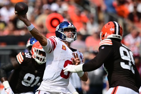 Sep 22, 2024; Cleveland, Ohio, USA; New York Giants quarterback Daniel Jones (8) throws a pass during the first half against the Cleveland Browns at Huntington Bank Field. Mandatory Credit: Ken Blaze-Imagn Images