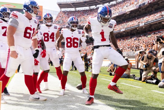 Sep 22, 2024; Cleveland, Ohio, USA; New York Giants wide receiver Malik Nabers (1) celebrates his touchdown with teammates against the Cleveland Browns during the second quarter at Huntington Bank Field. Mandatory Credit: Scott Galvin-Imagn Images