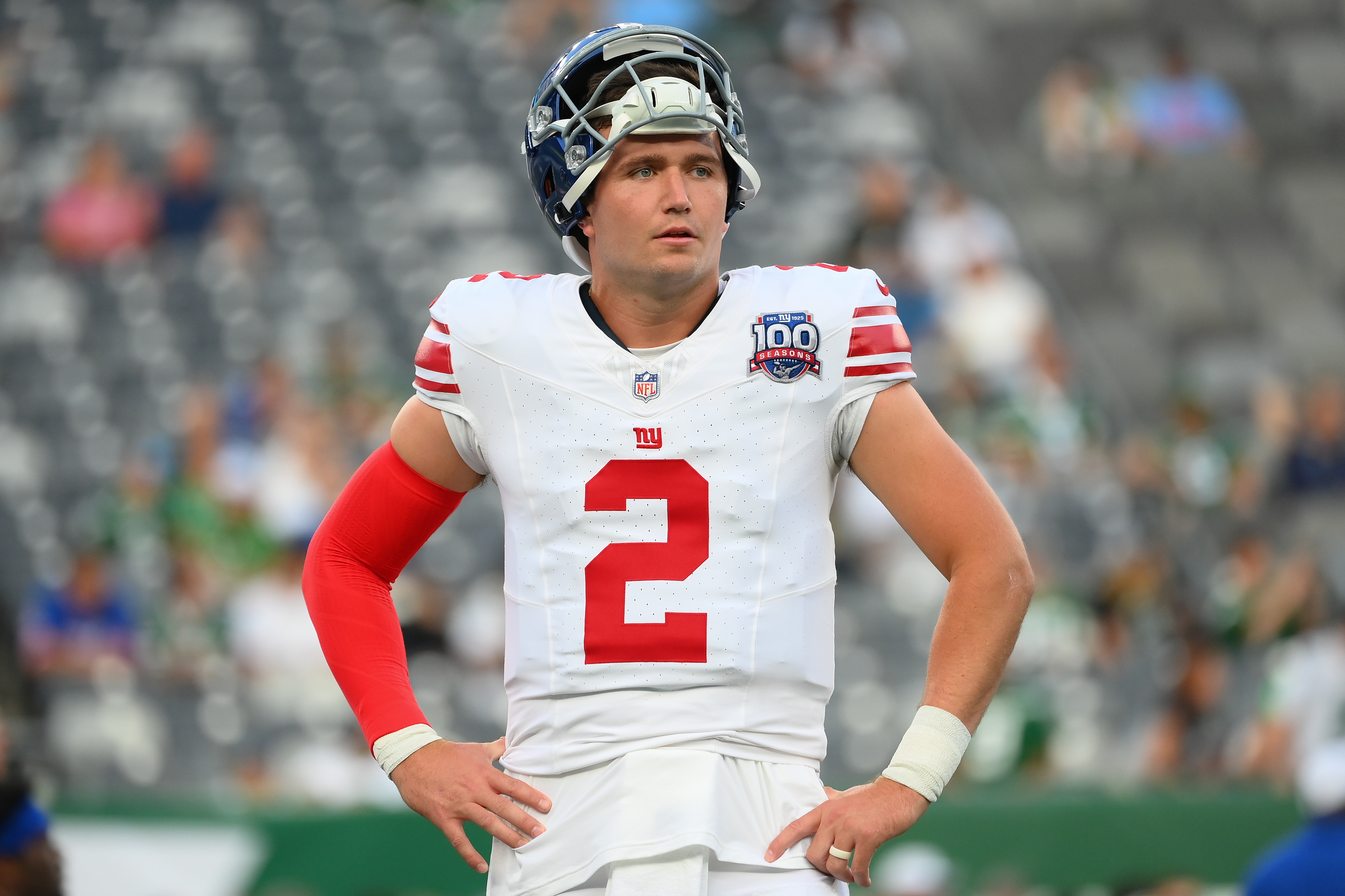 Aug 24, 2024; East Rutherford, New Jersey, USA; New York Giants quarterback Drew Lock (2) looks on prior to the game against the New York Jets at MetLife Stadium. Mandatory Credit: Rich Barnes-Imagn Images