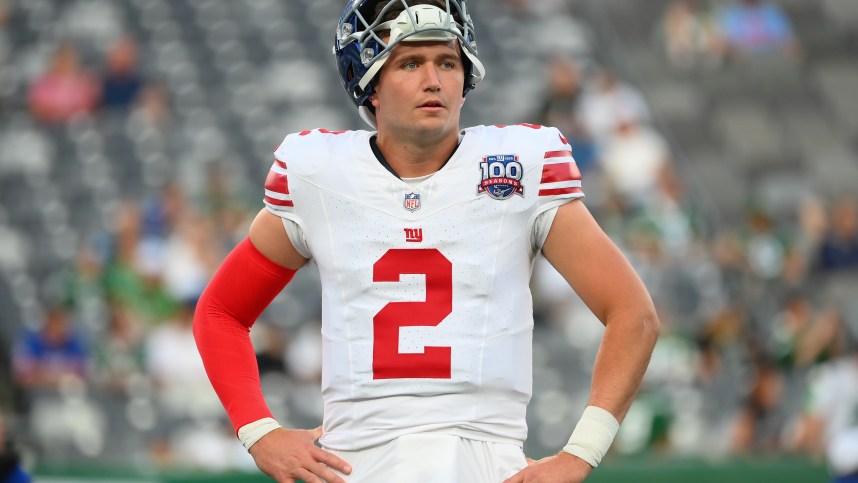 Aug 24, 2024; East Rutherford, New Jersey, USA; New York Giants quarterback Drew Lock (2) looks on prior to the game against the New York Jets at MetLife Stadium. Mandatory Credit: Rich Barnes-Imagn Images