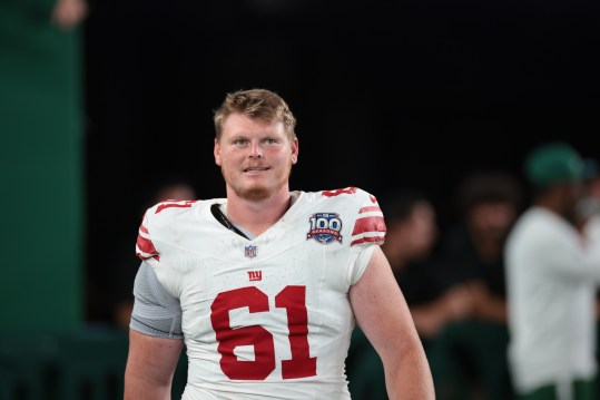 Aug 24, 2024; East Rutherford, New Jersey, USA; New York Giants center John Michael Schmitz Jr. (61) after the game at MetLife Stadium. Mandatory Credit: Vincent Carchietta-Imagn Images