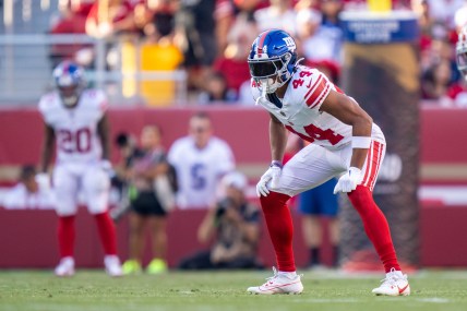 September 21, 2023; Santa Clara, California, USA; New York Giants cornerback Nick McCloud (44) during the first quarter against the San Francisco 49ers at Levi's Stadium. Mandatory Credit: Kyle Terada-Imagn Images