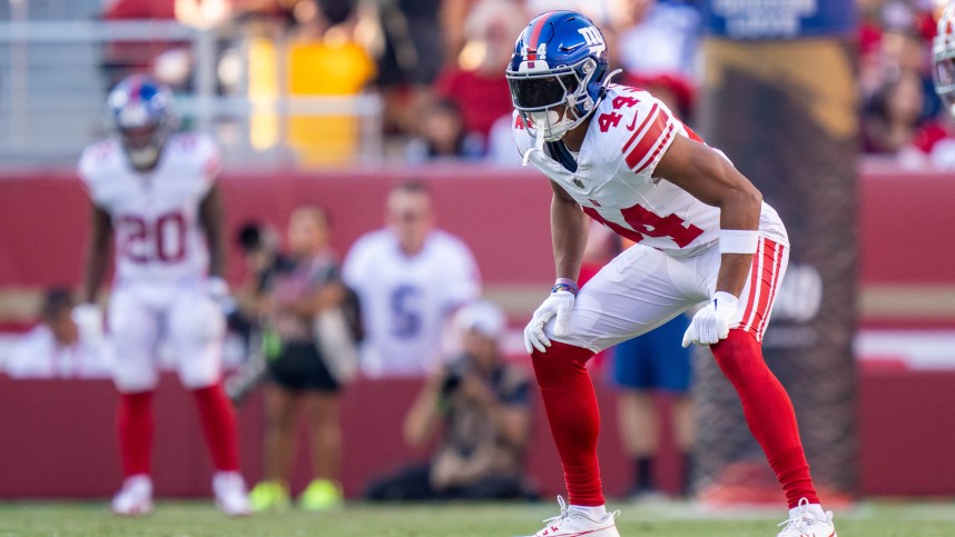 September 21, 2023; Santa Clara, California, USA; New York Giants cornerback Nick McCloud (44) during the first quarter against the San Francisco 49ers at Levi's Stadium. Mandatory Credit: Kyle Terada-Imagn Images